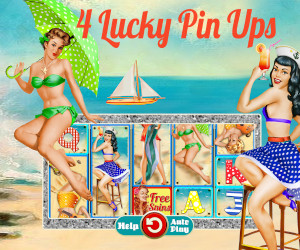 2 PinUp Girls sitzen am Strand mit Meer, Boot und einem Bild einer Slotmachine im Hintergrund